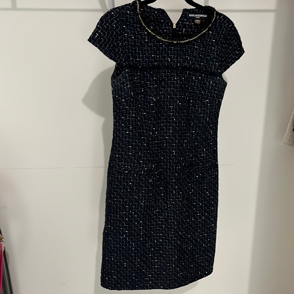 Karl Lagerfeld navy black and white dress with gold chain trim